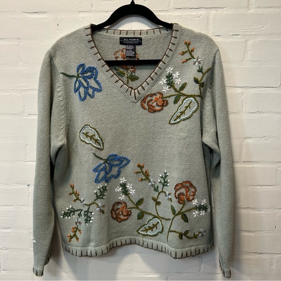 Reference Point Sweaters - Vtg All Points Sage Green Floral Embroidered V Neck Cottagecore Sweater Sz L